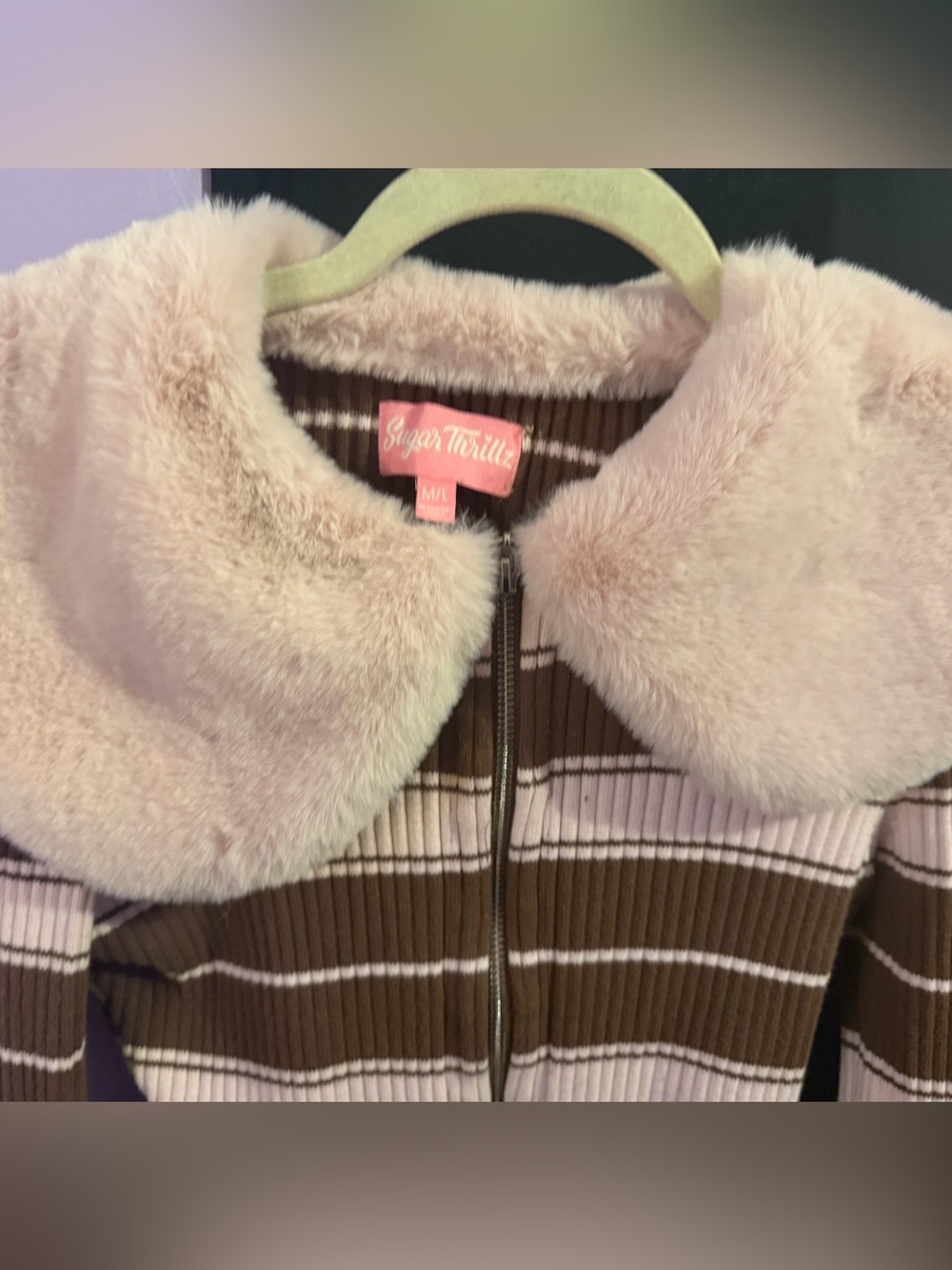 Sugar Thrillz Faux Fur Collar Striped Zip-Up Jacket - Pink & Brown size Md/Large - Picture 2 of 9